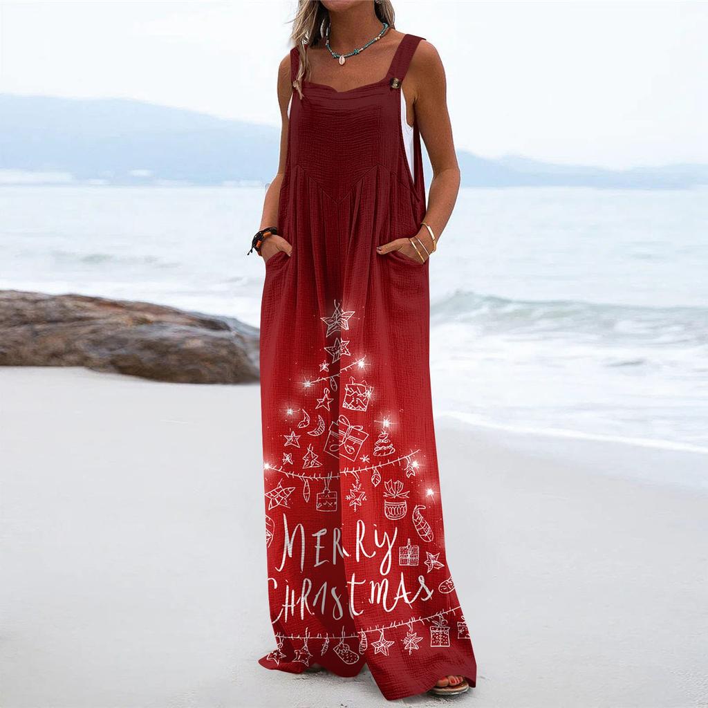 Women's Christmas Print Solid Wide Leg Strapless Tank Pocket Casual Onesie