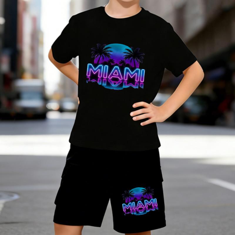 

Boys 2 Piece Miami themed printed Outfit, Short Sleeve T-Shirt and Shorts Set for Kids Age 5-14,Black and White Sporty Casual Summer Clothes 5-6 Years чёрный