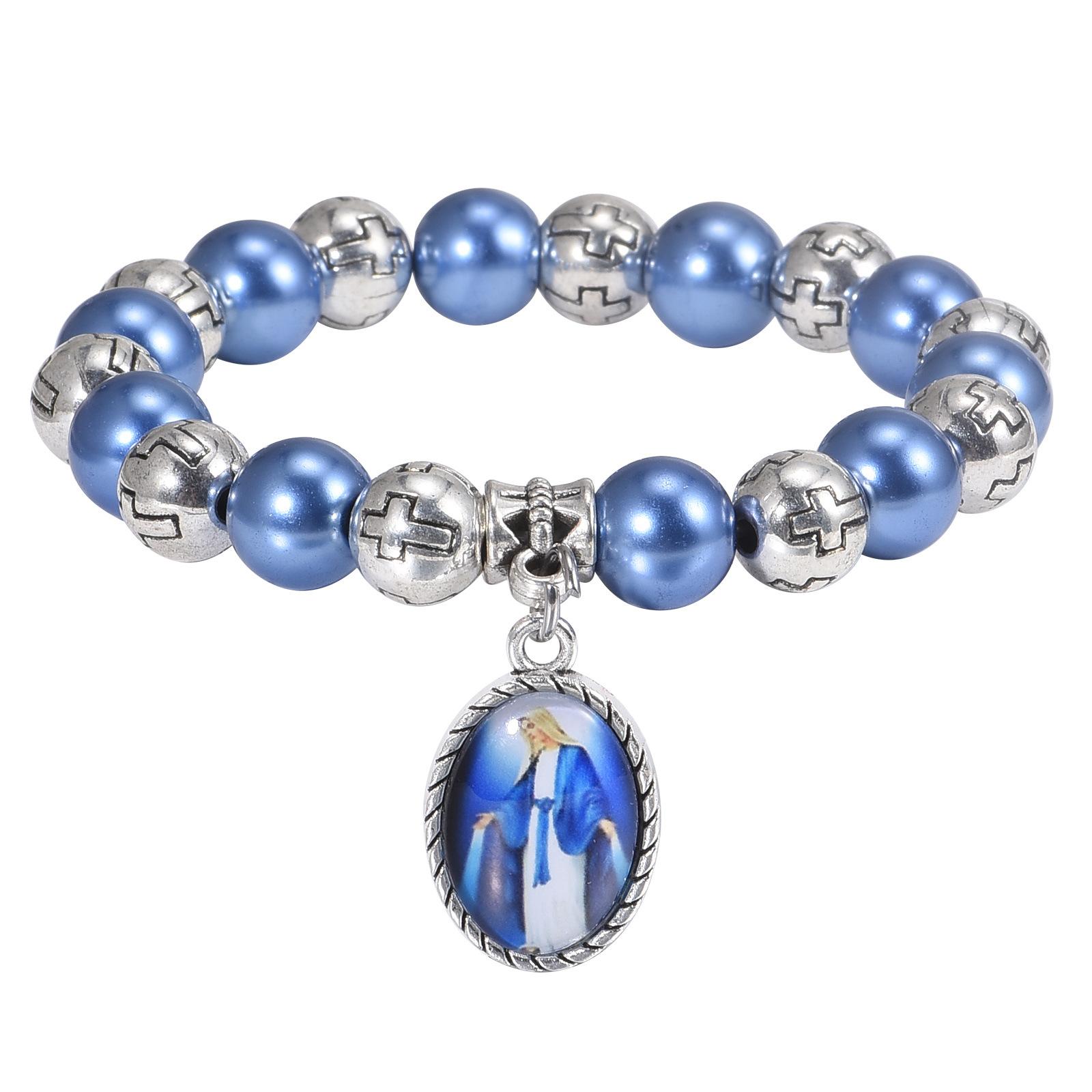 Браслет-розарий с подвеской Девы Марии, Эластичные пластиковые жемчужные бусины, Религиозные украшения.