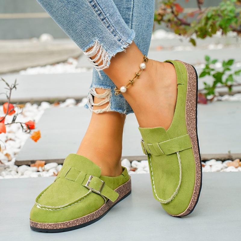 Round Toe Deep Mouth Metal Buckle Wrapped Slippers Winter New Scrub Suede Non-Slip Flat Half-Slip