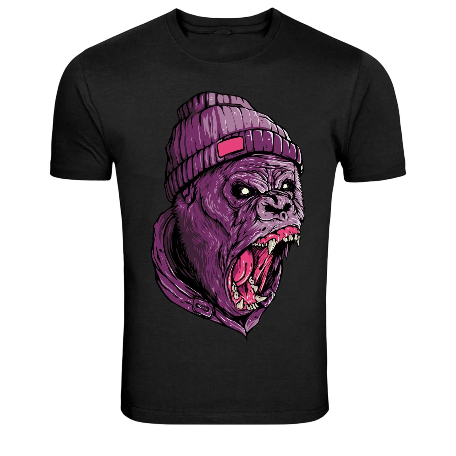 Purple Gorilla With Beanie Angry Ape Graphic T-Shirt M