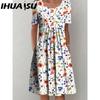 IHUASU 30 Color Pleated Midi Dress Short Sleeve Round Neck Loose Hem Mid-Calf Length Women Floral A-Line Party Dress Casual Wear