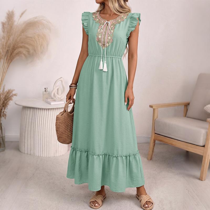 Boho Maxi Dress for Women Ruffle Cap Sleeve Embroidered Tassel Tie Elastic Waist Summer Beach Dress S