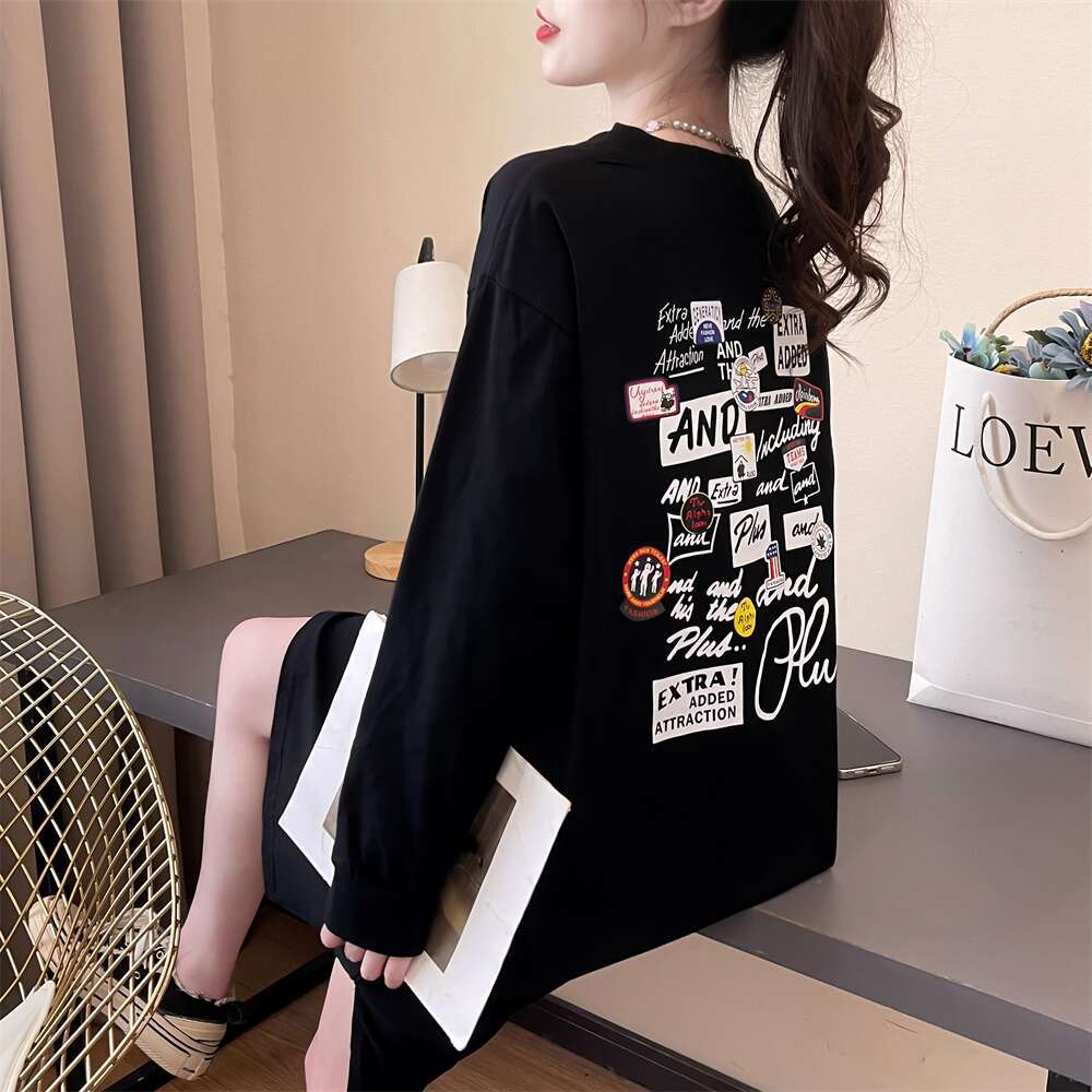 knee-length cotton T-shirt skirt children's casual lazy style long-sleeved dress spring and autumn loose large-size home skirt