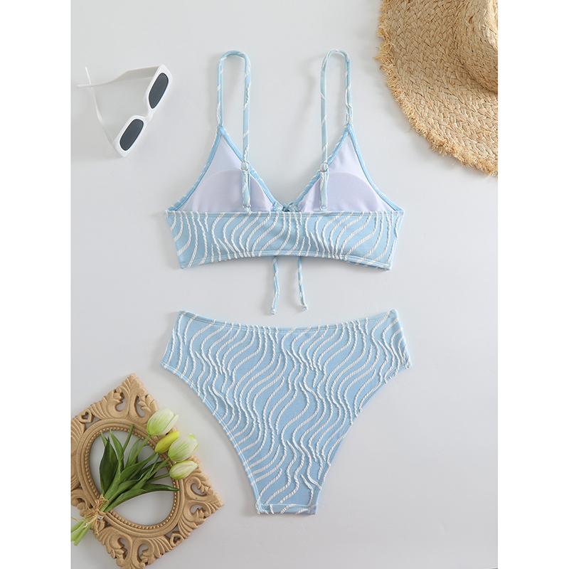 Bikini-Set für Damen Streifendruck 2-teiliger Badeanzug Kordelzug Schnürung V-Ausschnitt Träger Rückenfrei Strandurlaub Bademode Neu
