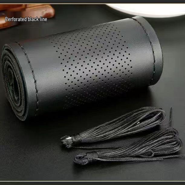 Genuine Leather Hand-Sewn Car Steering Wheel Cover - Anti-Slip, All-Season, Universal Fit 38cm