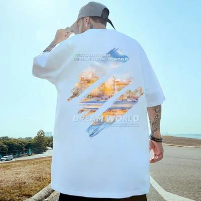 Dream World Graphic TShirt Unisex Oversized X Logo Chest Back Landscape Print Short Sleeve Crew Neck HipHop Streetwear Unisex Tee