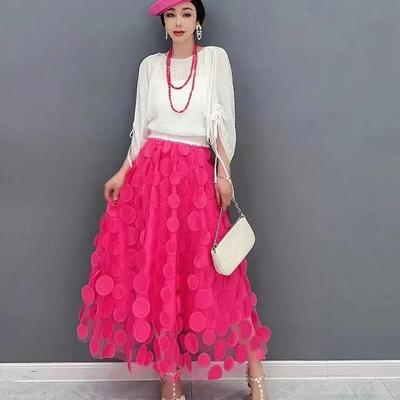 Women's European-Style Black Midi Skirt - 2025 High-End Mesh A-Line Umbrella Design