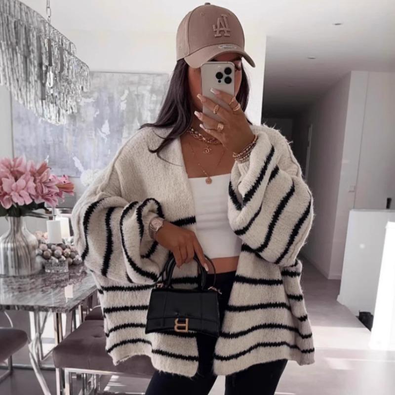 

Американская мода Осень и Зима Новый Свитер Женский Свободный Контрастный Полосатый Вязаный Кардиган Куртка XL абрикосовый