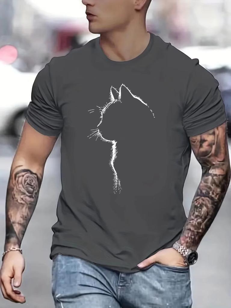 25 New Men's Pure Cotton Summer Loose Casual Comfortable Cat Print Sports Large Size Round Neck Short Sleeve T-shirt Street Top