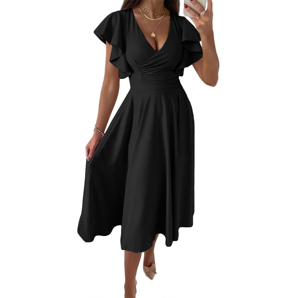 Fashion Ladies Ruffle Skirt Spring And Summer Low V-neck Waist Slim Sexy Dress