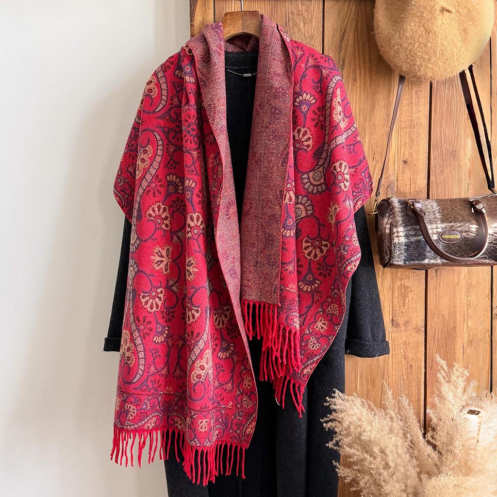 Fashion Women'S Winter Warm Cashmere Shawl - Vintage Floral Oil Painting Printed Tasseled Pashmina Thick Wrap