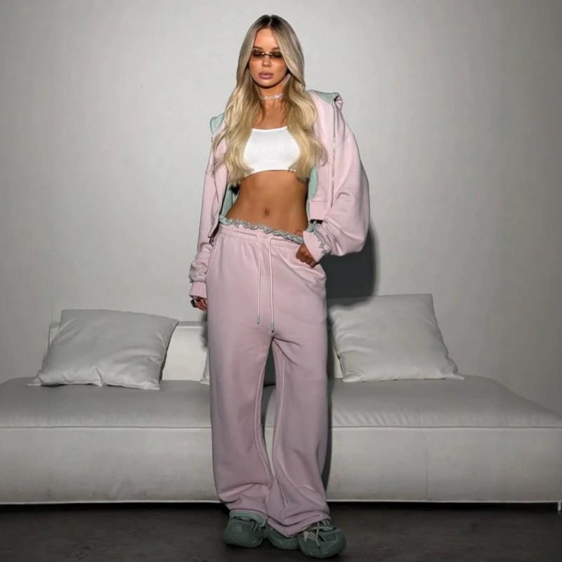 Casual Women's Suit Features Color-blocking Rough Long-sleeved Coat Strap-up Trousers Two-piece Set