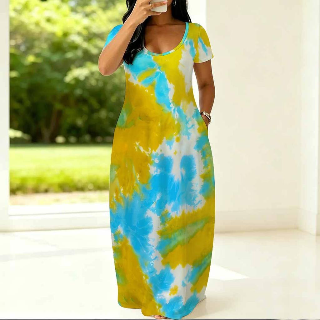 Ladies Curvy Fit Crew Neck Short Sleeve Dress Light Loose Outfit Designed For Summer Daily Hangouts