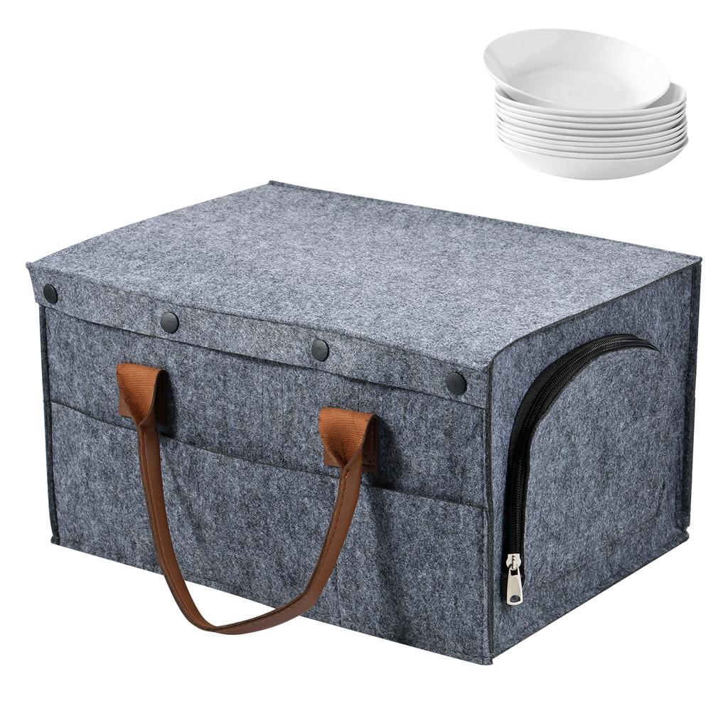 Felt Plate Storage Bag Dinnerware Protection PU Handle Dustproof Camping Tableware Storage Container with Removable Dividers