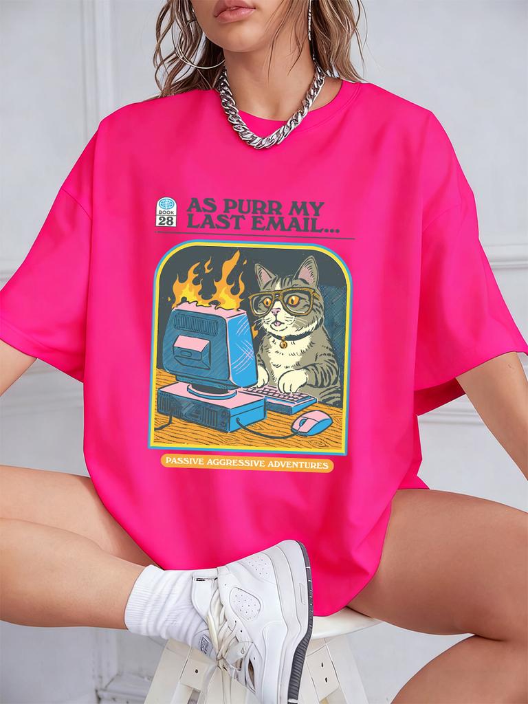 Cat Playing Computer Games Printed TShirts Womens Summer Cotton Short Sleeve T Shirt Loose ONeck Soft Tops Basic Woman Clothes