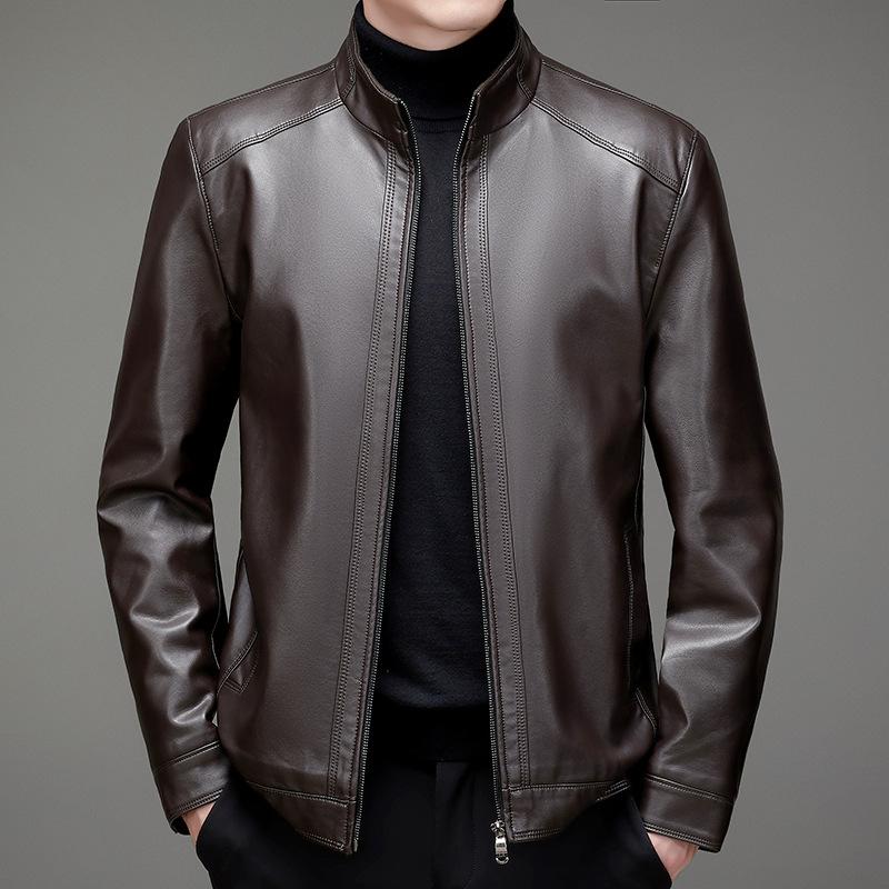 Herren-Lederjacke mit Stehkragen, neue Lederjacke für Herbst und Winter, Lederjacke in Übergröße, Plüsch- und dicker Herrenmantel mittleren Alters