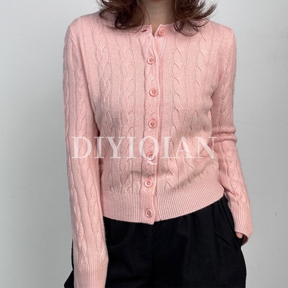 DIYIQIAN Damen Klassischer Retro Zopfmuster Woll-Cardigan - Herbst/Winter Rundhals Vielseitiges Oberteil