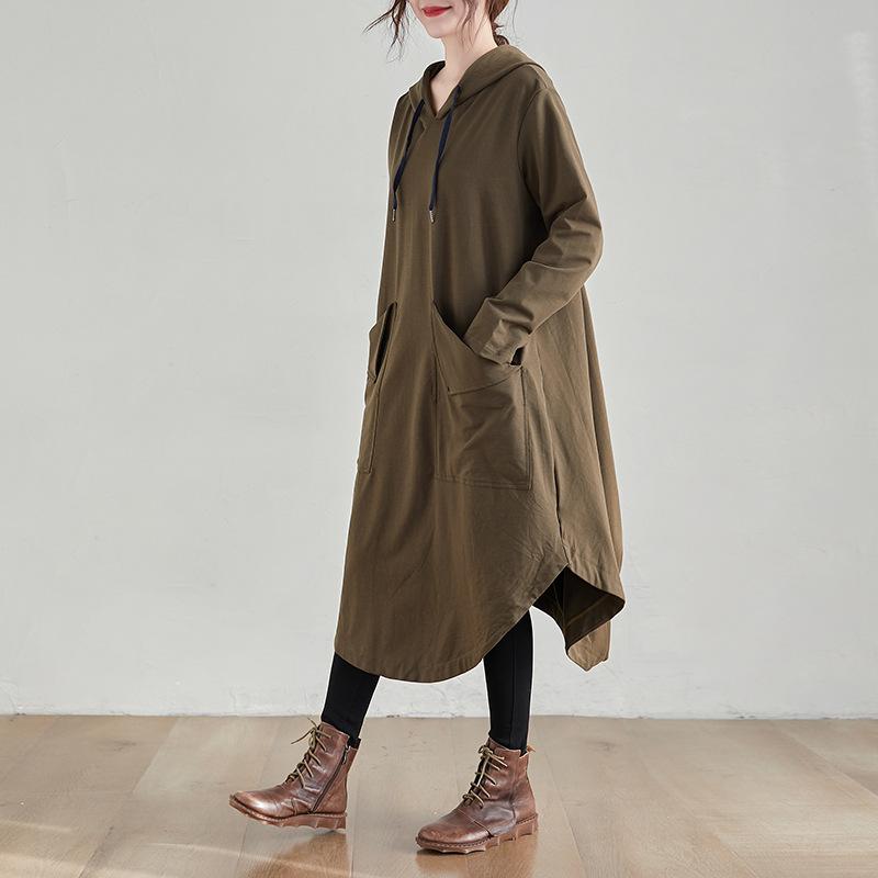 2025 autumn new large size loose medium and long sweater skirt women's big pocket solid color hooded dress