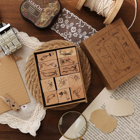12 Pcs Vintage Wood Rubber Stamp Universe Letters Number Flowers Retro Stamp Set for DIY Art Craft Journals Scrapbooking Planner Card Making