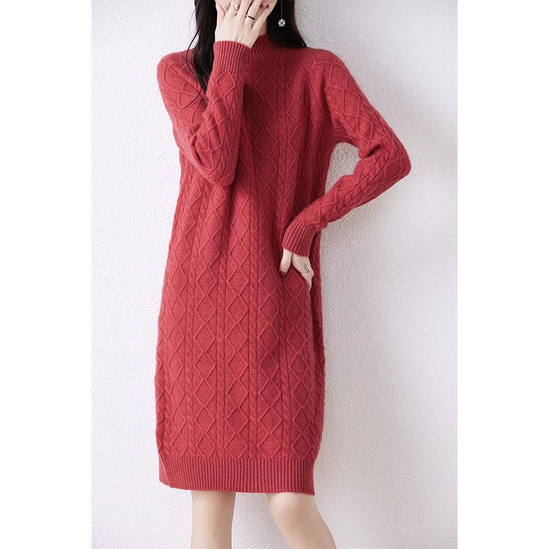 Women's Mid-Length Thickened Pure Wool Knitted Dress with Half-High Collar and Long Sleeves