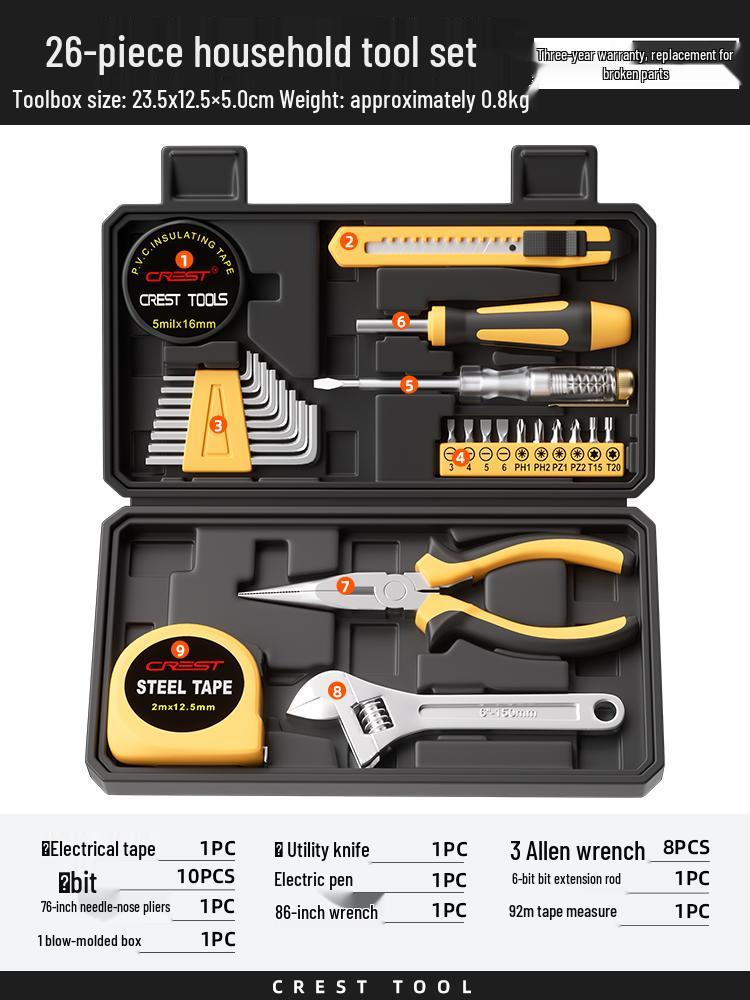 Household Repair Tool Set - Includes Pliers, Hammer, Wrench, and Combination Box
