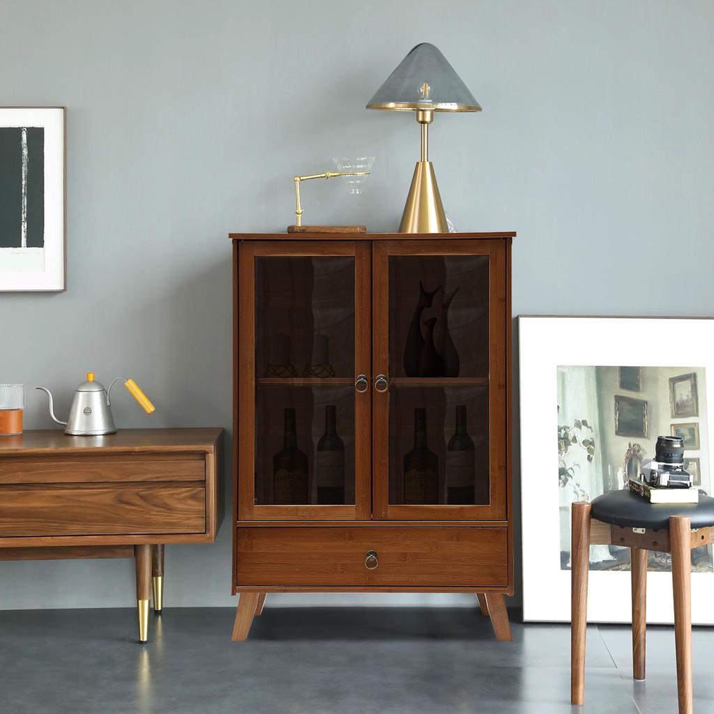 Retro Bamboo Kitchen Sideboard W/ 2 Compartments & 1 Drawer, Multi-Functional Organizer, Reestanding Storage Cabinet, Shoe Rack