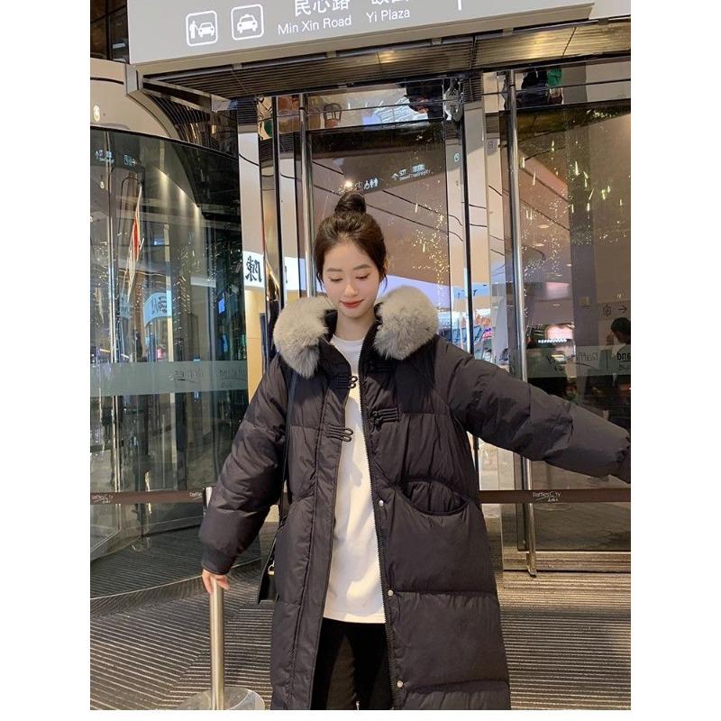 Long Over-the-knee Hooded Down Cotton Coat for Women Winter Big Fur Collar Thick Cotton Coat Trend Parkas Jackets