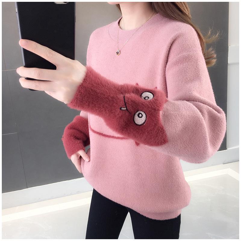 Dámský zesílený svetr z umělého norka: 2025 Podzim/Zima Volný Plus Samet Zeštíhlující Pletený Top