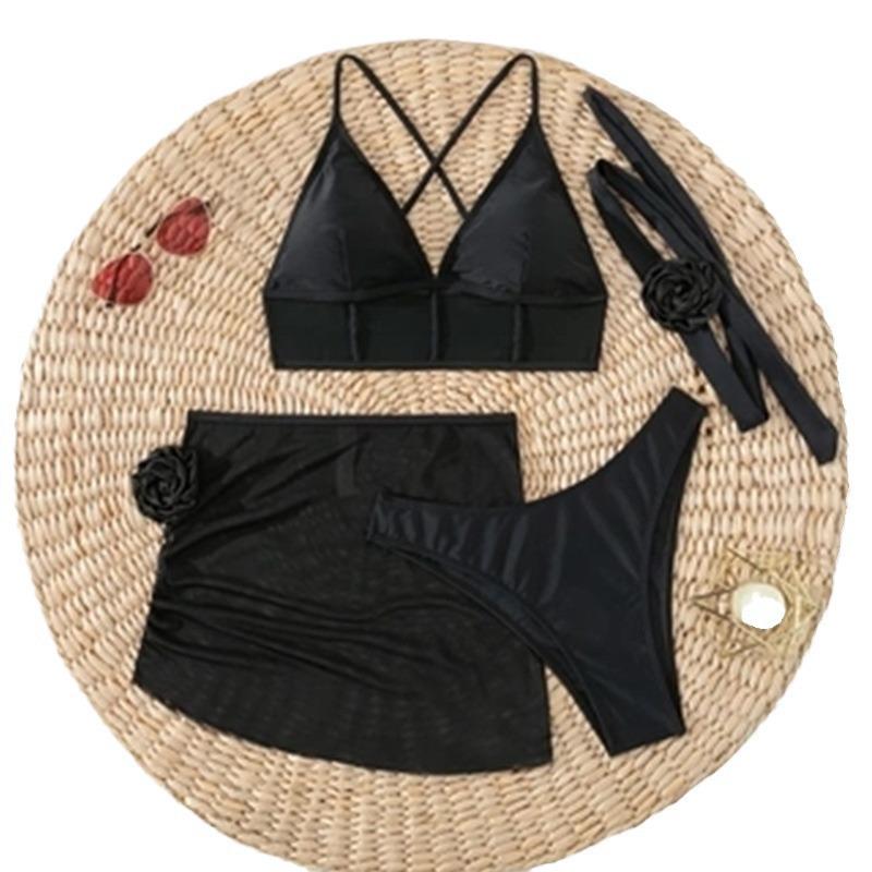 2025 European & American Solid Color Women's Four-Piece Bikini Set