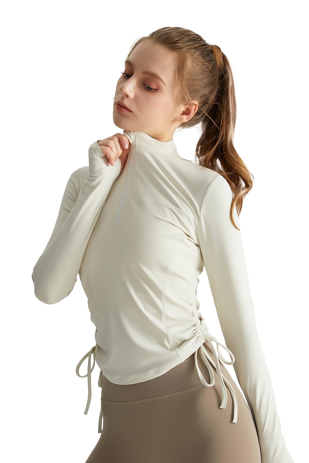 

MORGEN SKY Women s Long Sleeve Pullover Shirt with High Neck, Half Zip, Thumbholes, and Side Drawstring, Perfect for Fitness, Training, and Spring/Aut
