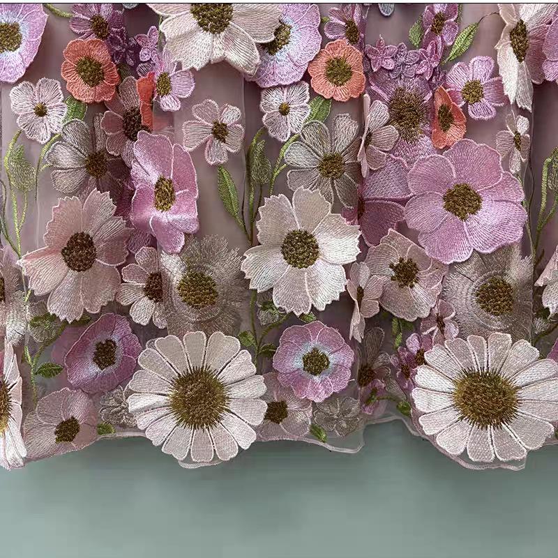 French Retro Embroidered Sunflower Lace High-Waisted Midi Skirt