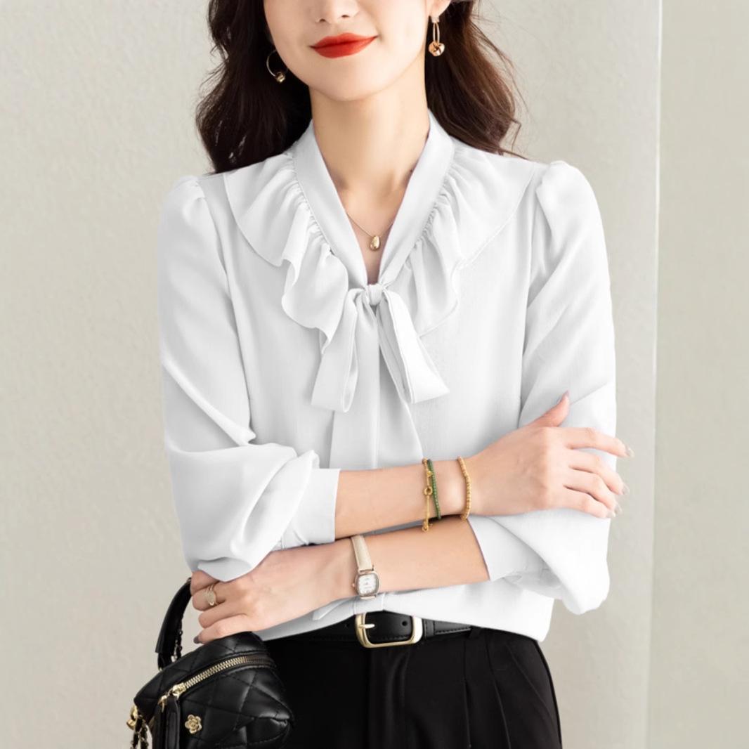 Французская шифоновая рубашка женская весенняя модная неторопливая утягивающая живот топ высокого класса нишевый дизайн M