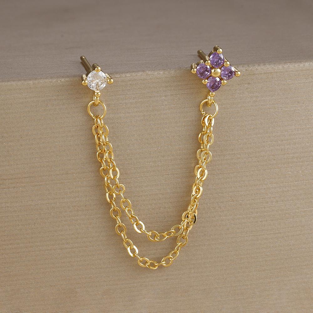 2PCS Stainless Steel December Birthday Stone Square Hanging Earrings Cubic Zirconia Chain Flower Dangle Earring Piercing Jewelry