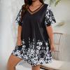 IHUASU Plus Size Women's Loose Comfortable Casual Positioning Printed Spell Mesh Short Sleeve Dresses