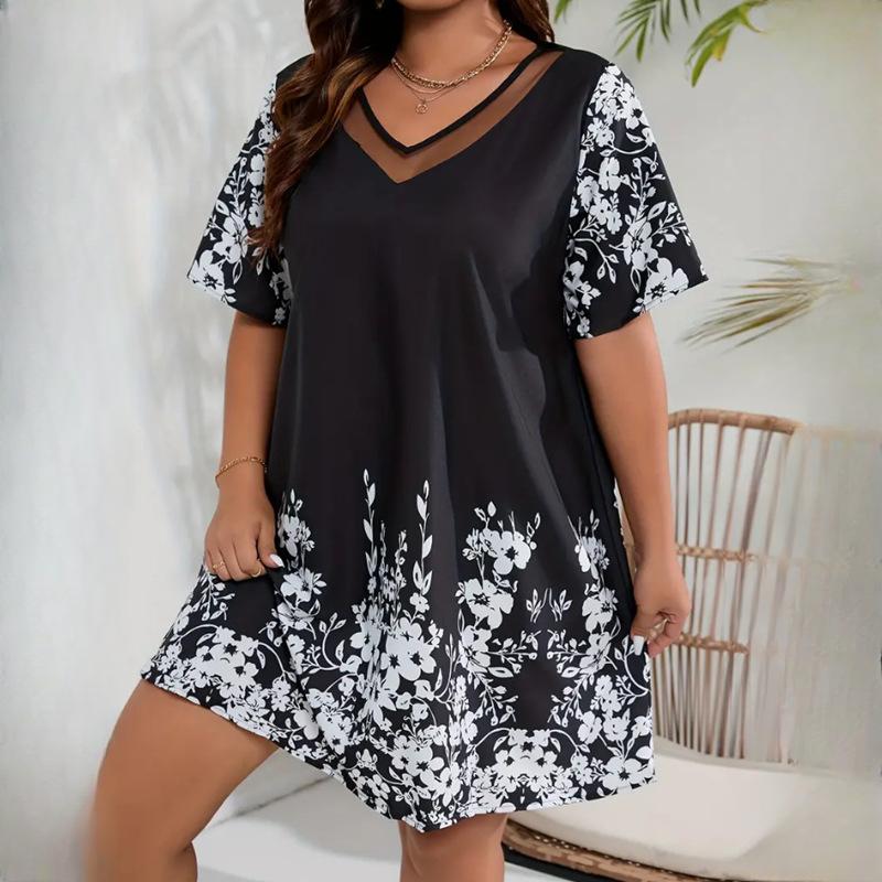 IHUASU Plus Size Women's Loose Comfortable Casual Positioning Printed Spell Mesh Short Sleeve Dresses