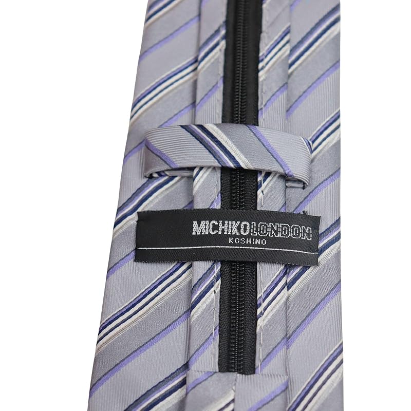 [Michiko London] one touch tie brand striped pattern present gift Fashionable silk zipper tie zip tie not tied Easy to install (MKZP-35-C gray)