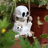 Swing Skeleton Holding Ghost Cat Garden Statue Outdoor Halloween Decor, 3.14 Inch Cute Skull Figurine Resin Sculpture