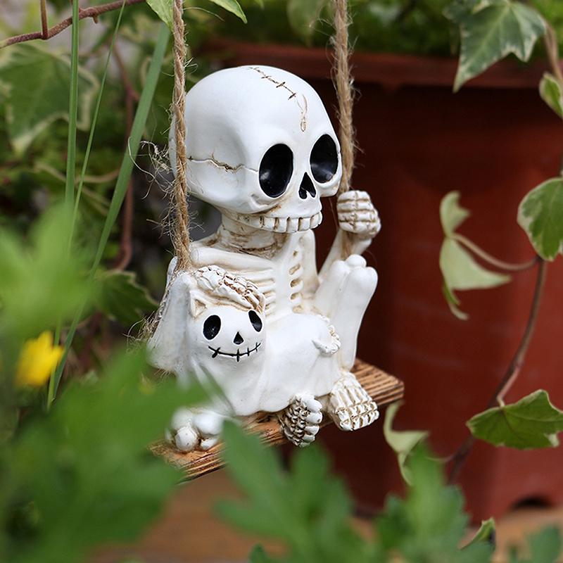 Swing Skeleton Holding Ghost Cat Garden Statue Outdoor Halloween Decor, 3.14 Inch Cute Skull Figurine Resin Sculpture