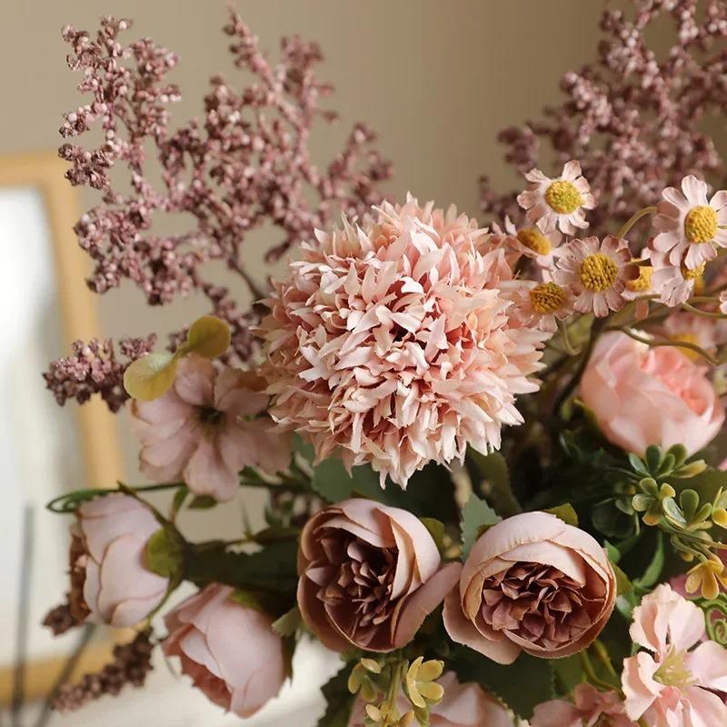1pc Bright Colored Artificial Blooms Artificial Flower Bouquet Elegant Silk Floral Bouquets for Wedding Home Office Decor for Ta