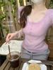 Summer Korean Style Sweet Square Neck Lace Trim Button Slim Fit Short Sleeve Top