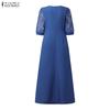 ZANZEA Women Casual Round Neck Lace Splice 3/4 Sleeve Long Dress