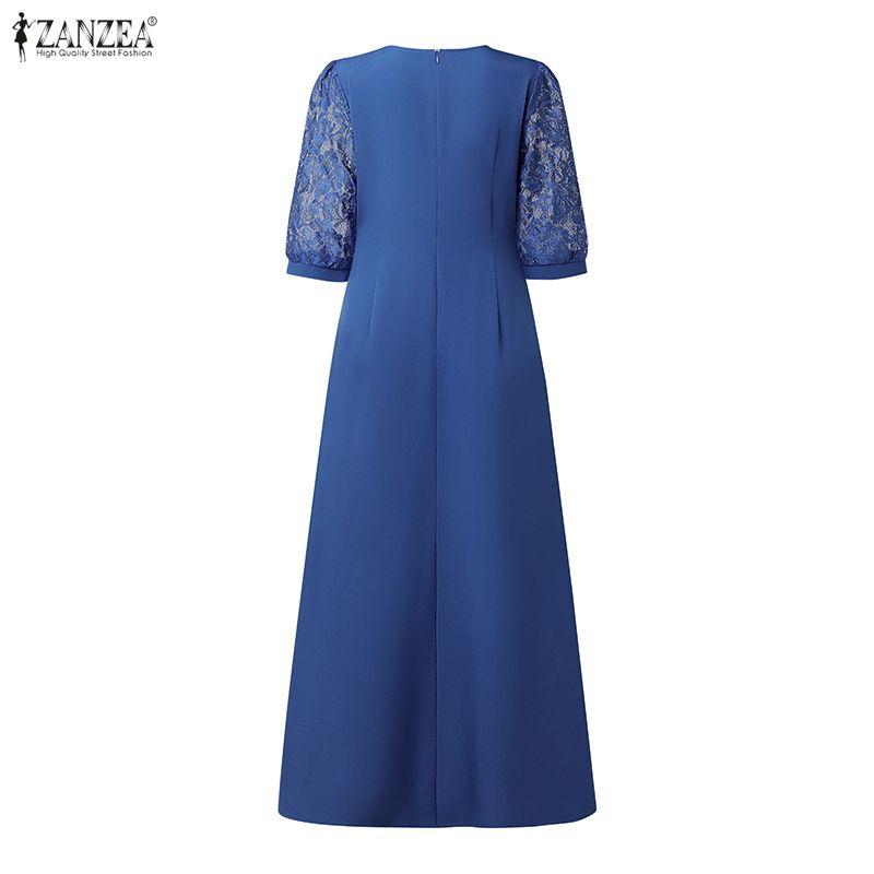 ZANZEA Women Casual Round Neck Lace Splice 3/4 Sleeve Long Dress
