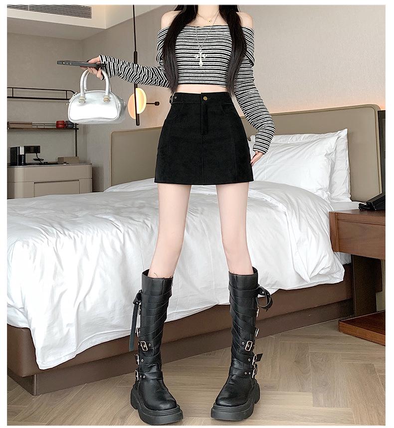 Plus-size Coffee Deer Suede High Waist A-line Mini Skirt for Women - Spring/Autumn, Anti-exposure, Slimming, Hip-hugging Fit