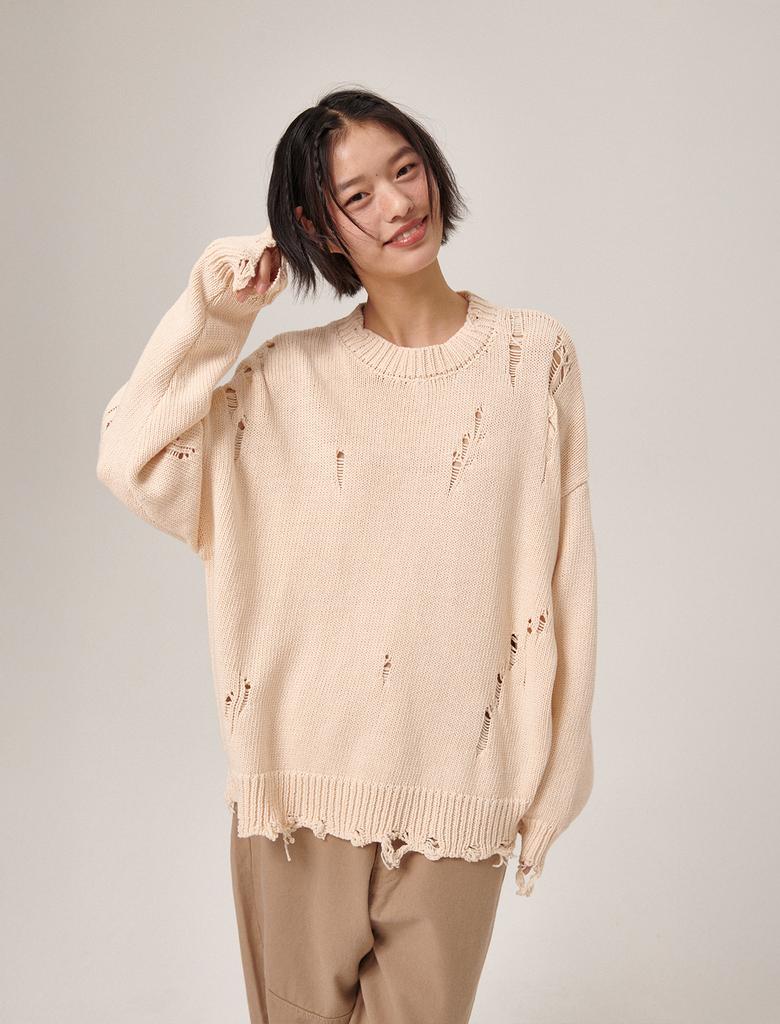 FLATWAVE IN SEOUL Ripsy Vintage Damaged Round Knit Cream