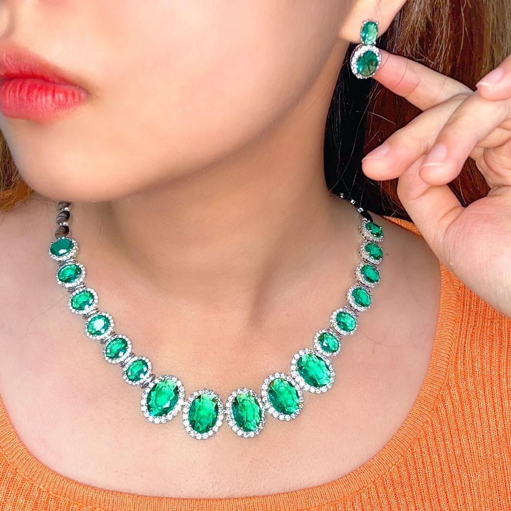 Beliebtes Aquamarin Brautbankett Halskette Ohrringe Zweiteiliges Set Mikro-gesetzte Zirkonia Schmuck Ohrringe Set Kette
