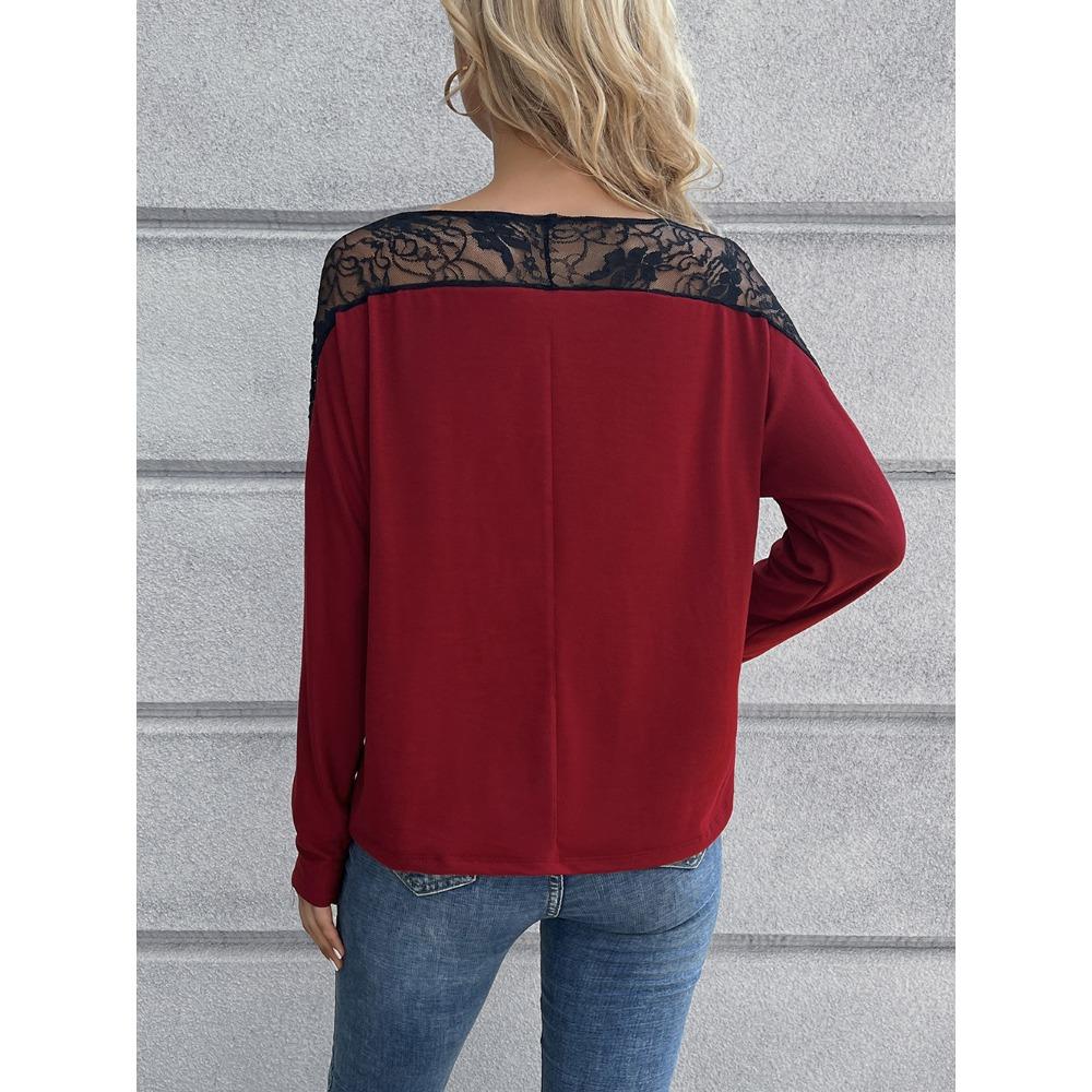 Women's Hollow-Out Lace Trim Sexy Top, Long Sleeve T-Shirt, Casual, Versatile