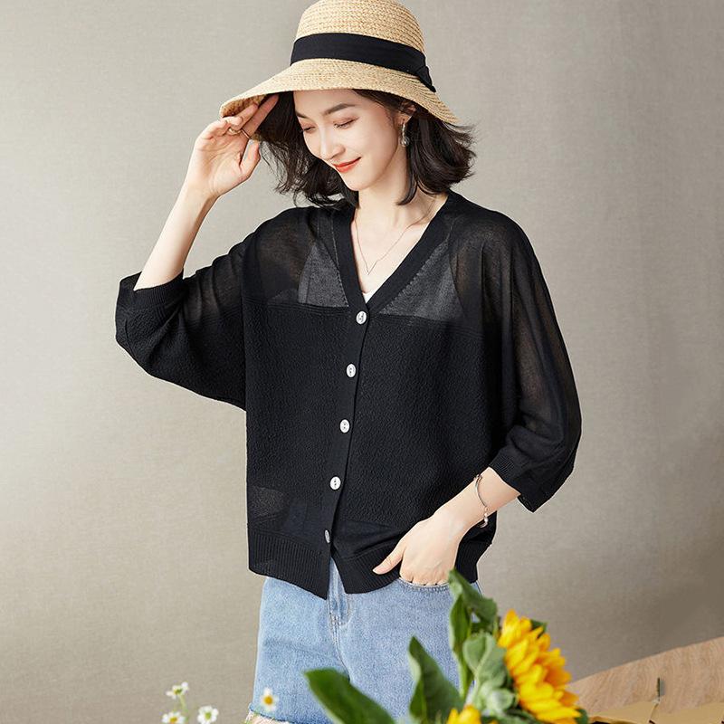 Women V Neck Patchwork Knit Cardigan 3/4 Batwing Sleeve Thin Open Front Sun Protection Casual Knitted Outerwear