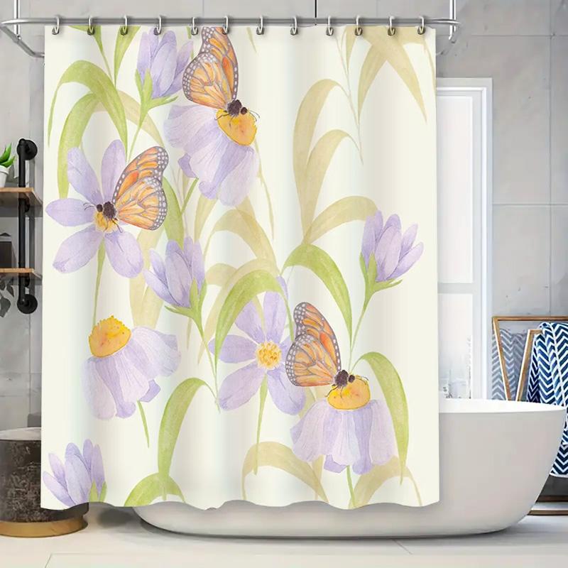 

Watercolor Butterfly Flower Shower Curtain Lavender Pink Green White Decorative Bath Liner Set With Hooks For Bathroom Modern St W60H190(CM)-1 Pcs