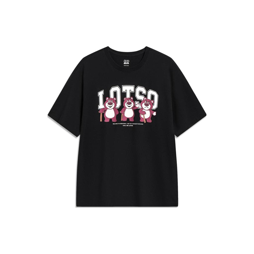 Lining X Disney Toy Story Strawberry Bear Collection Cartoon Print Round Neck Short Sleeve T-Shirt Unisex Tops Black AHST755-1